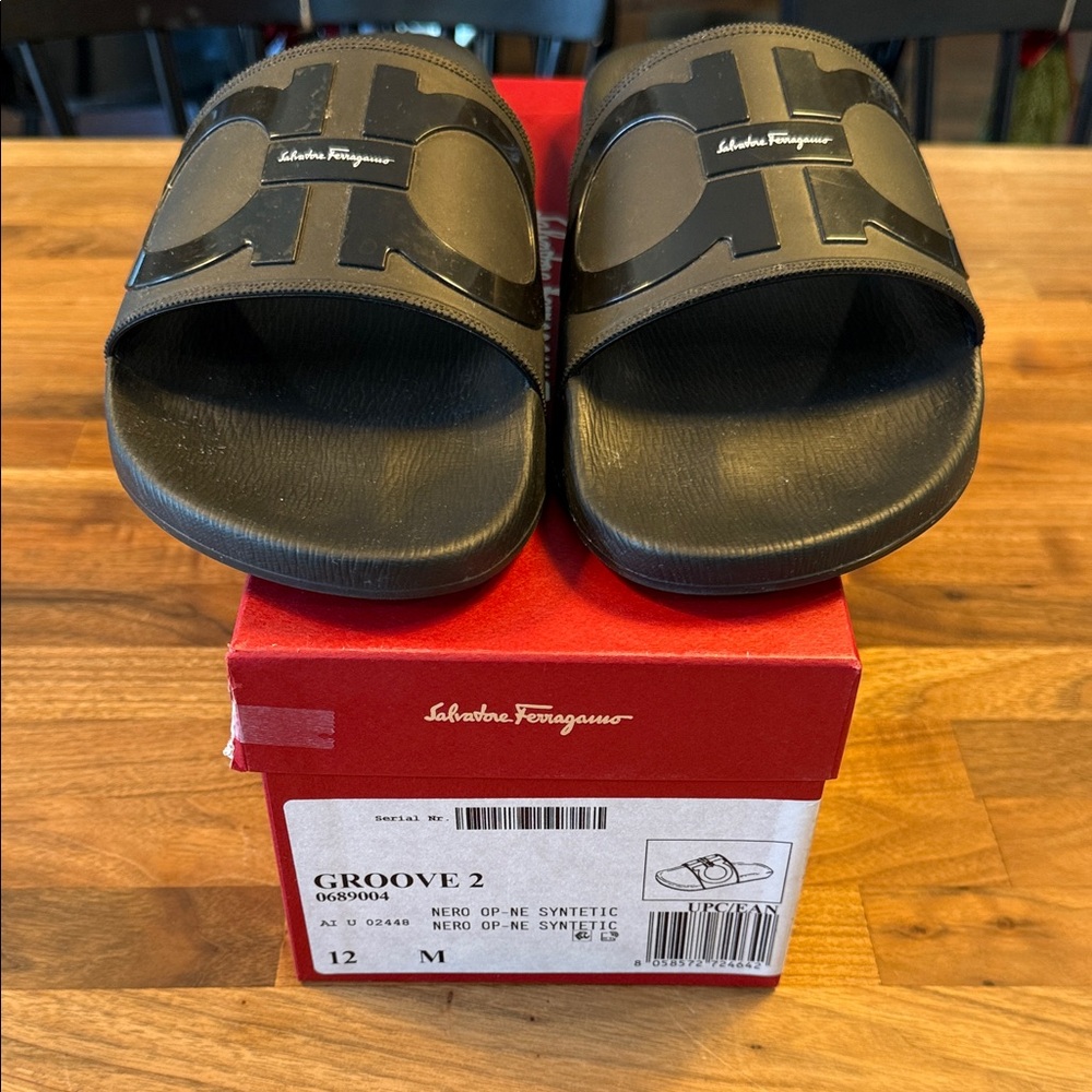 Salvatore Ferragamo Black Logo Slide Sandals